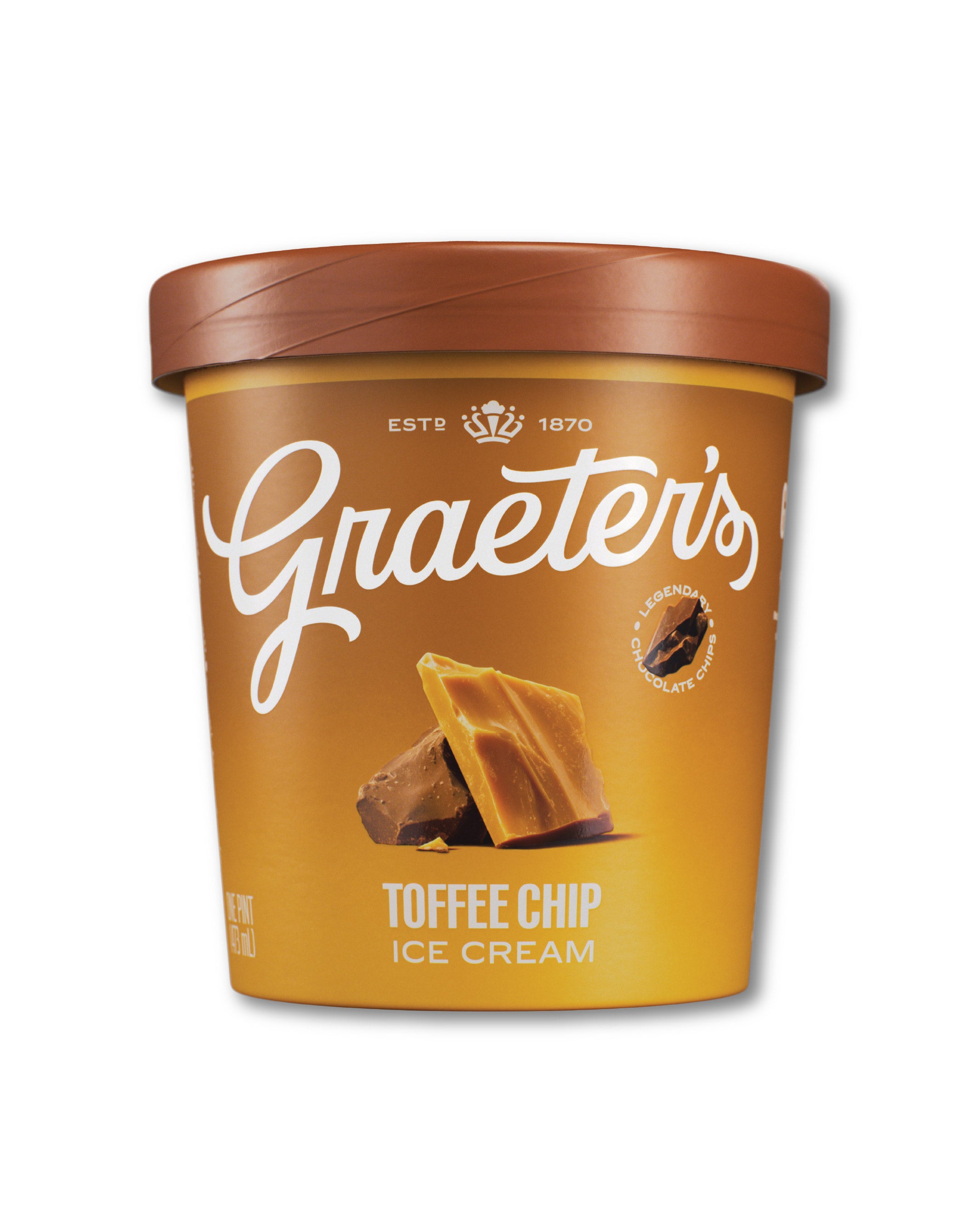 A container of Graeter's Toffee Chip Ice Cream, featuring a golden-brown label with white script branding and an illustration of a toffee chip cookie, set against a plain white background.