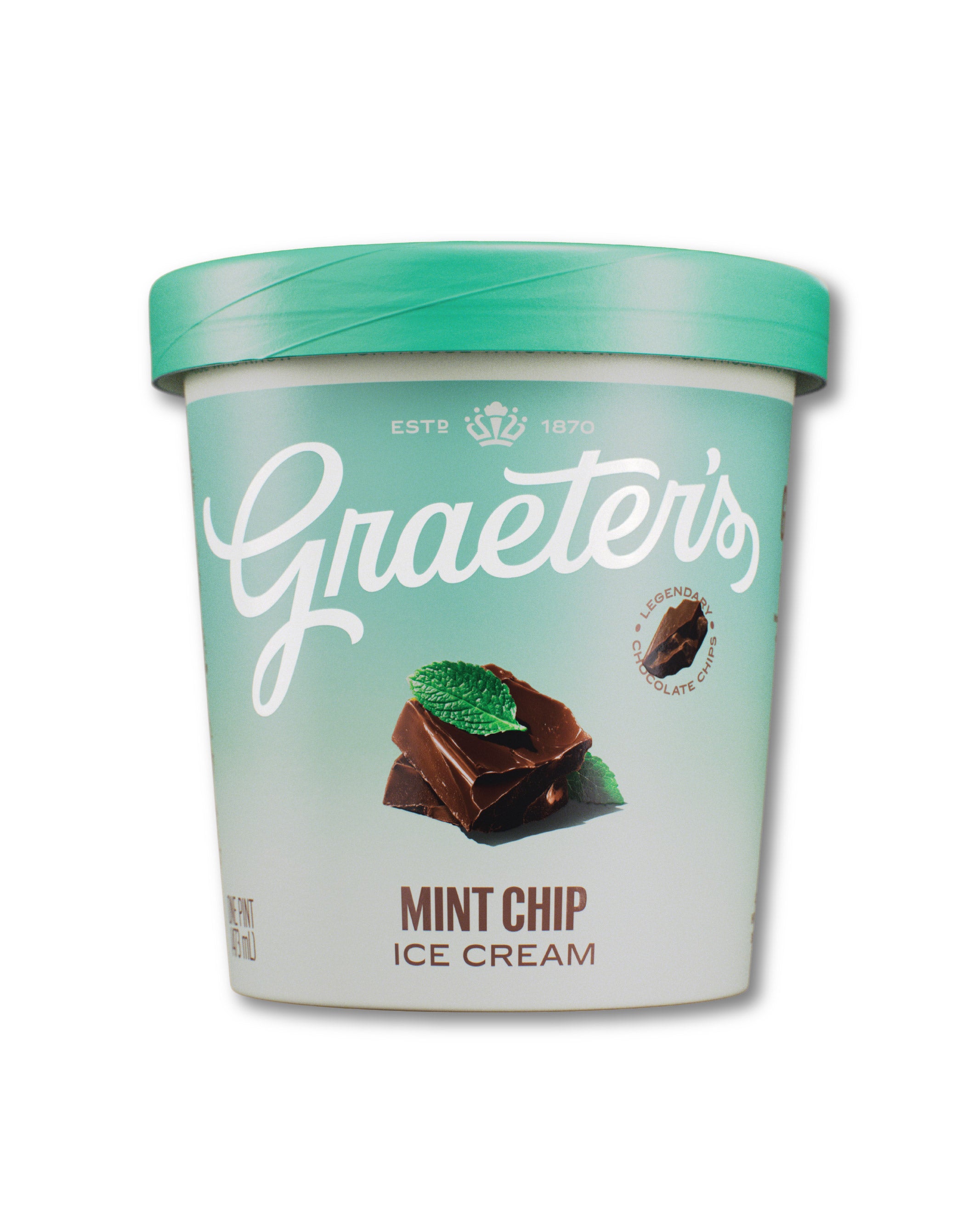 A tub of Graeter's Mint Chip Ice Cream on a white background. The container has a mint green lid and a white label with the Graeter's logo in white script, an illustration of chocolate and mint, and the text 'MINT CHIP ICE CREAM'.