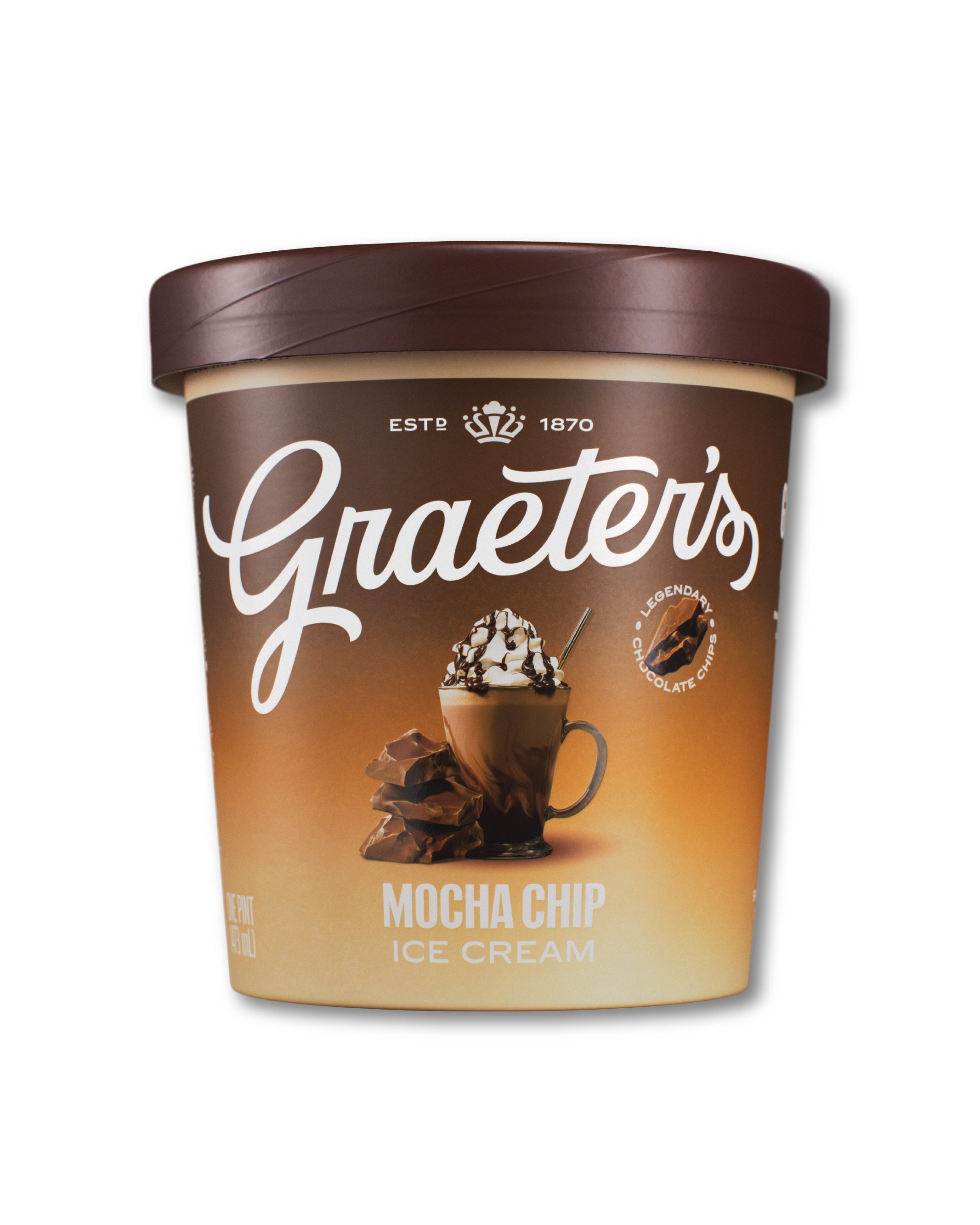 A single tub of Graeter's Mocha Chip Ice Cream on a plain white background. The container has a dark brown lid and a label that transitions from dark brown at the top to a warm beige at the bottom, featuring the Graeter's logo in white script and an illustration of a mocha cup with whipped cream and chocolate pieces.