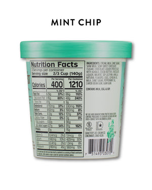 The back of a Graeter's mint chip flavored ice cream tub, showing the nutrition facts label, ingredients, and barcode against a white background with 'MINT CHIP' text above.