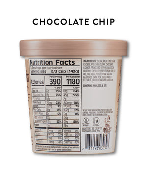 Back view of a Graeter's Chocolate ice cream pint container with a light beige lid and a detailed nutrition facts label, under the text 'Chocolate chip'.