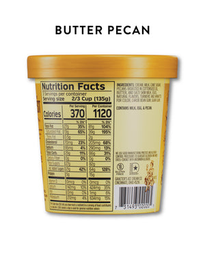 Back view of a Graeter's Butter Pecan ice cream tub showing the nutrition facts label, with the text 'BUTTER PECAN' printed above on a white background.