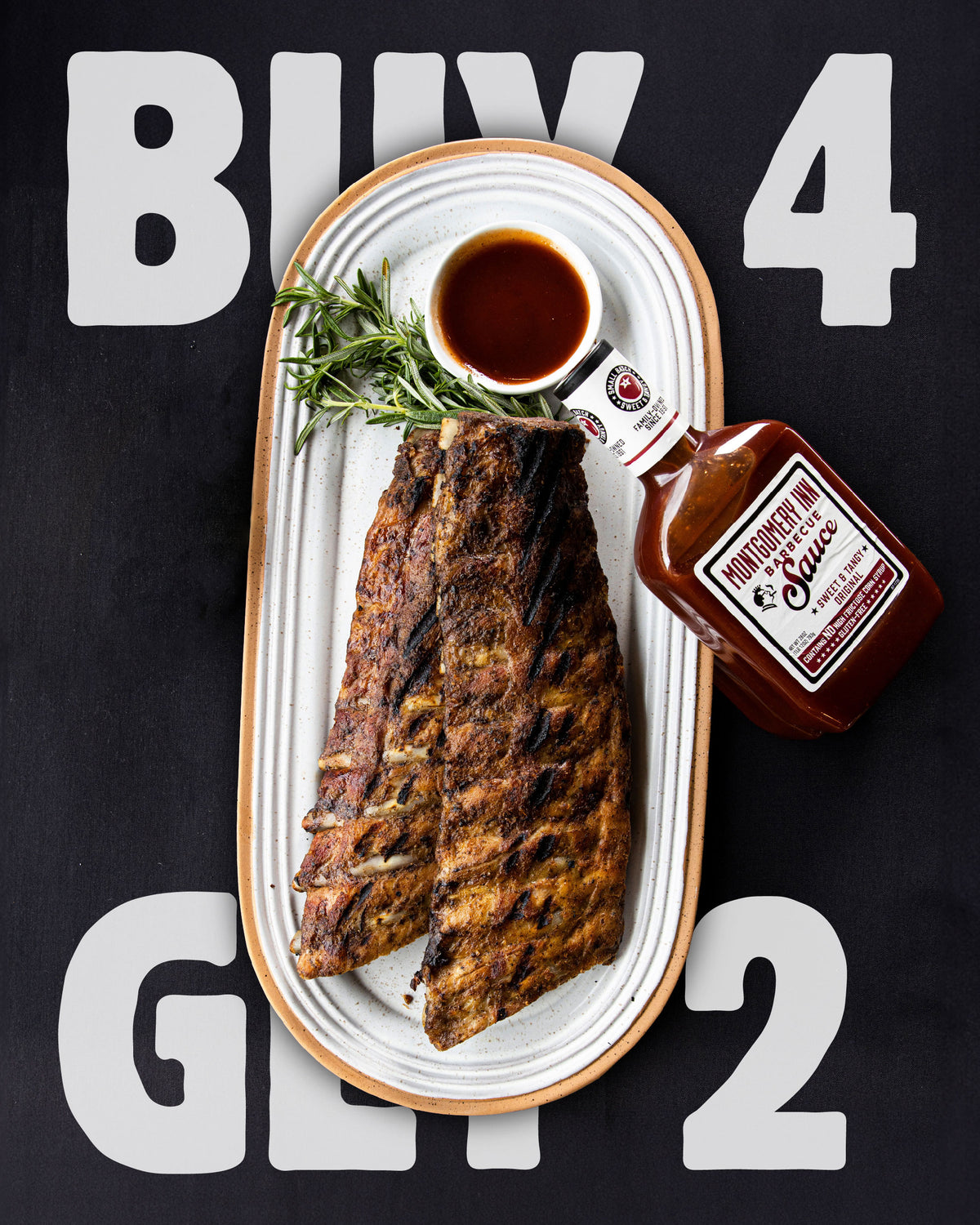 Grilled Montgomery Inn Ribs on a white plate with a bottle of sauce, against a black background with promotional text.