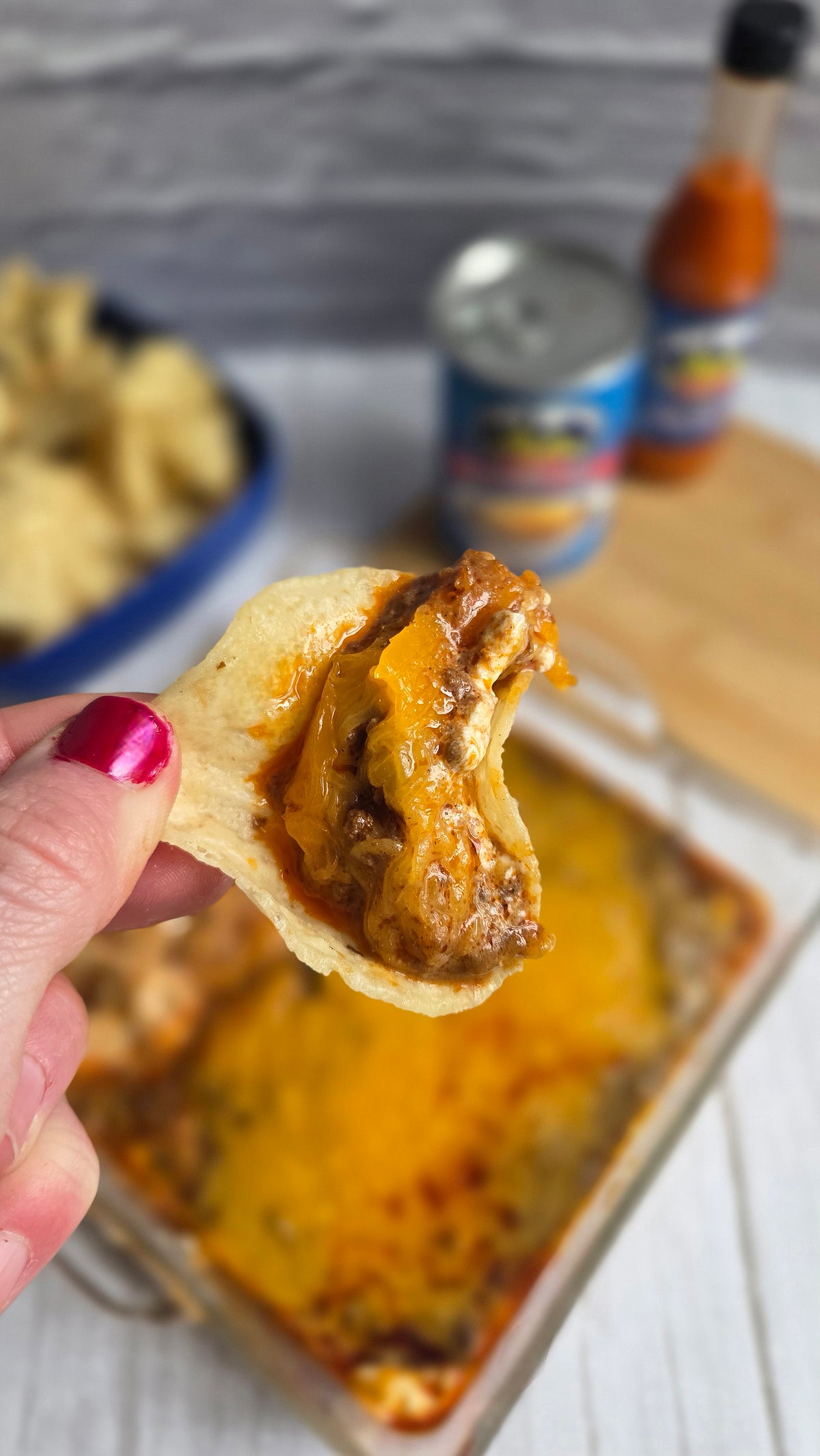 Skyline Chili Dip on a tortilla chip