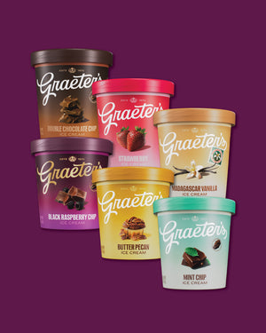 Six Graeter's ice cream tubs arranged in a cluster on a solid deep purple background. The flavors shown are Double Chocolate Chip, Strawberry, Madagascar Vanilla, Black Raspberry Chip, Butter Pecan, and Mint Chip.