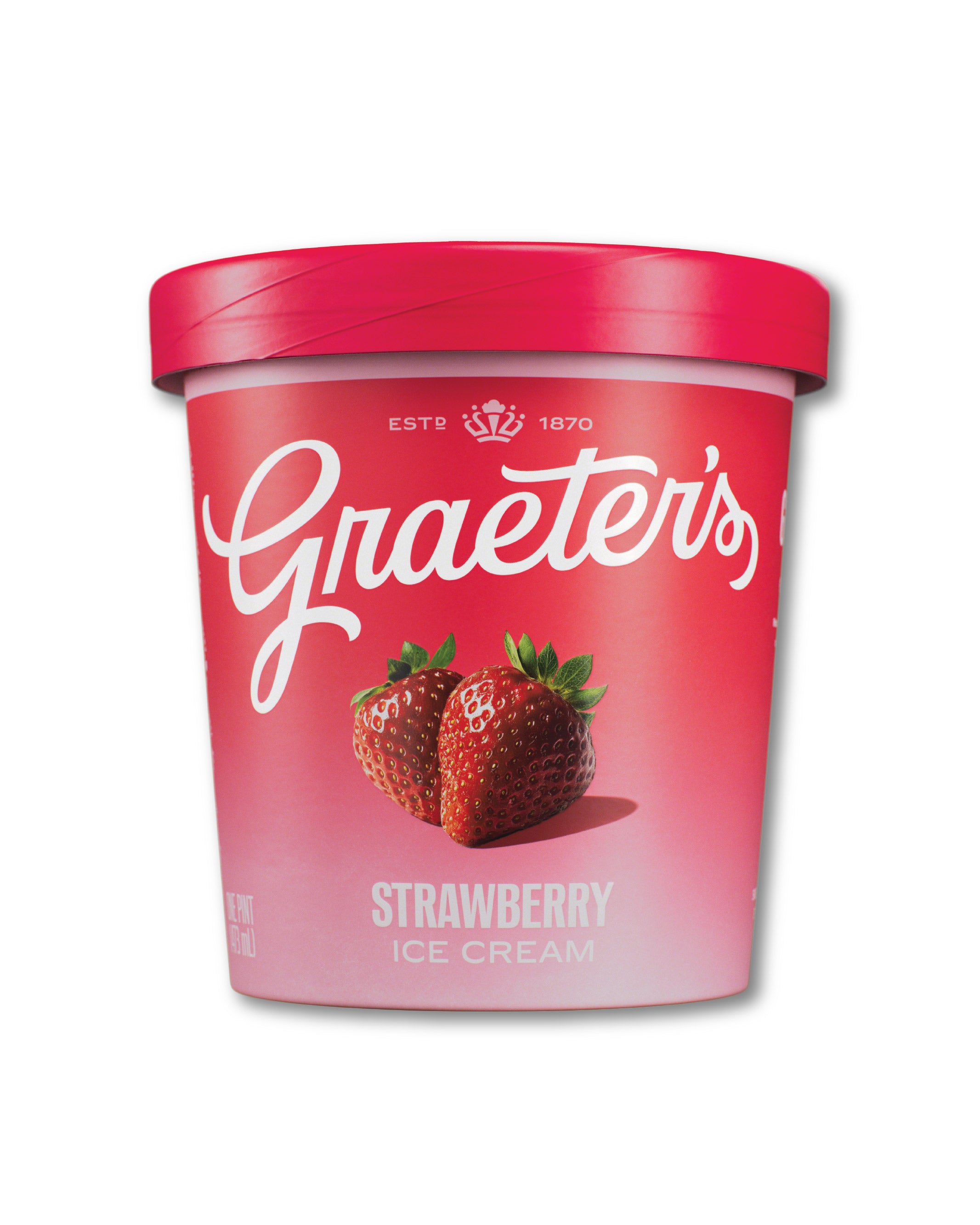 A container of Graeters Strawberry Ice Cream with a bright red lid and a red-to-pink gradient label featuring the Graeters logo and an illustration of two strawberries.