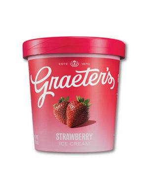 A container of Graeters Strawberry Ice Cream with a bright red lid and a red-to-pink gradient label featuring the Graeters logo and an illustration of two strawberries.
