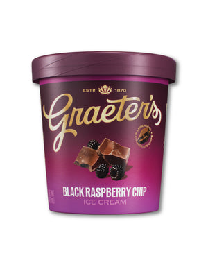 A tub of Graeter's Black Raspberry Chip Ice Cream, featuring a deep purple label with gold cursive branding, chocolate chip illustrations, and a matching purple lid, set against a plain white background.