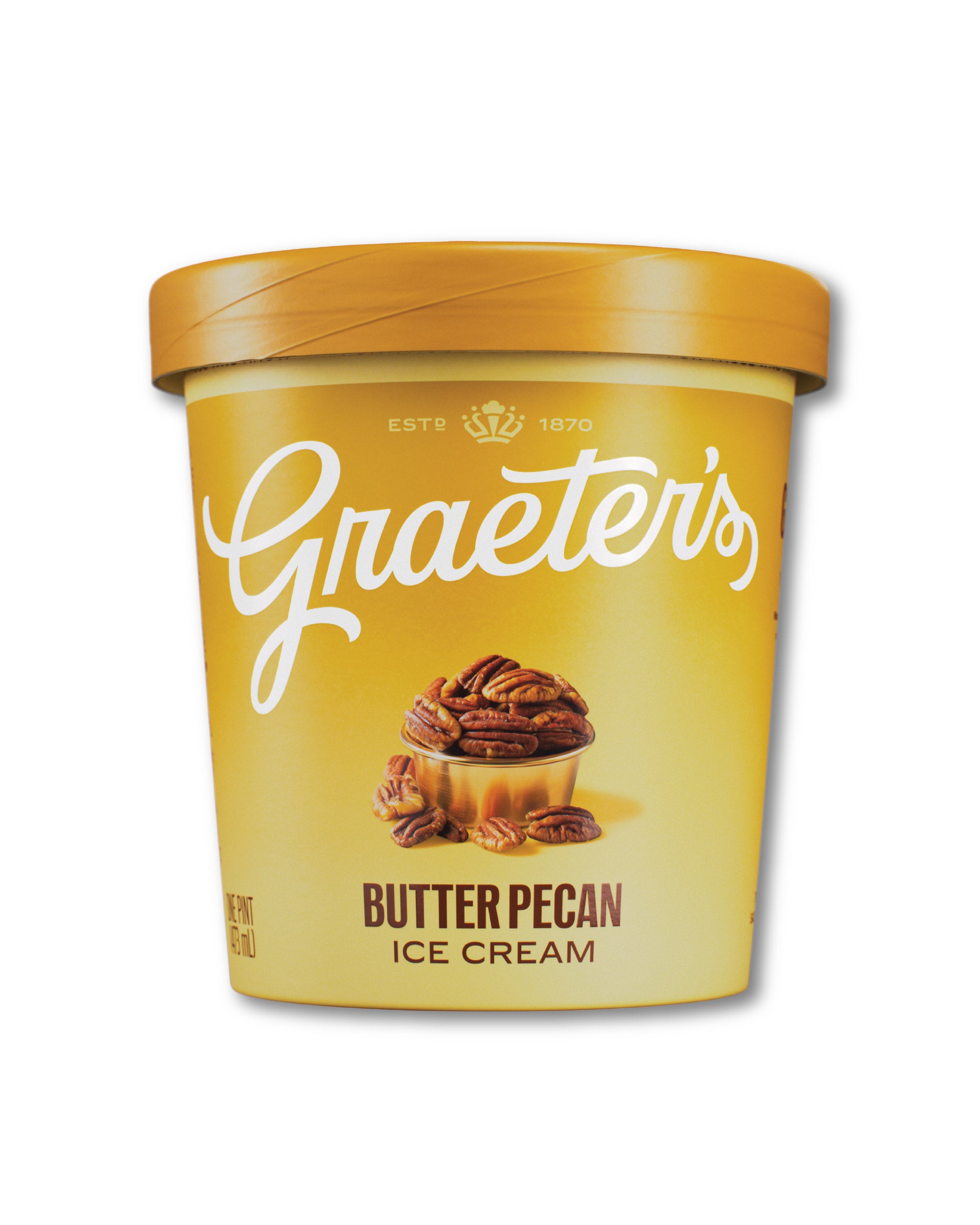 A container of Graeter's Butter Pecan Ice Cream on a plain white background. The container is a warm golden yellow with a matching yellow lid, featuring the white Graeter's logo and an illustration of a pecan ice cream cupcake.