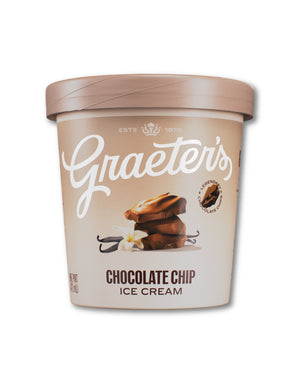 A container of Graeter's Chocolate Chip Ice Cream on a plain white background. The tub is beige with a matching beige lid, featuring the Graeter's logo in white script and an illustration of chocolate chip cookies, vanilla beans, and a chocolate drizzle.