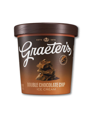 A container of Graeters Double Chocolate Chip Ice Cream on a plain white background. The brown plastic tub features a label with the Graeters logo in white script, a stack of chocolate chips, and text indicating the flavor.