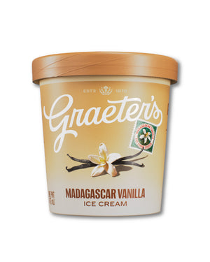 A tub of Graeter's Madagascar Vanilla Ice Cream on a white background, featuring a light beige label with a brown lid and vanilla flower illustration.