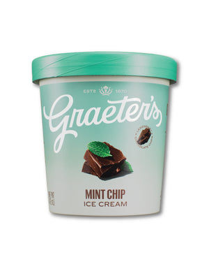 A tub of Graeter's Mint Chip Ice Cream on a white background. The container has a mint green lid and a white label with the Graeter's logo in white script, an illustration of chocolate and mint, and the text 'MINT CHIP ICE CREAM'.