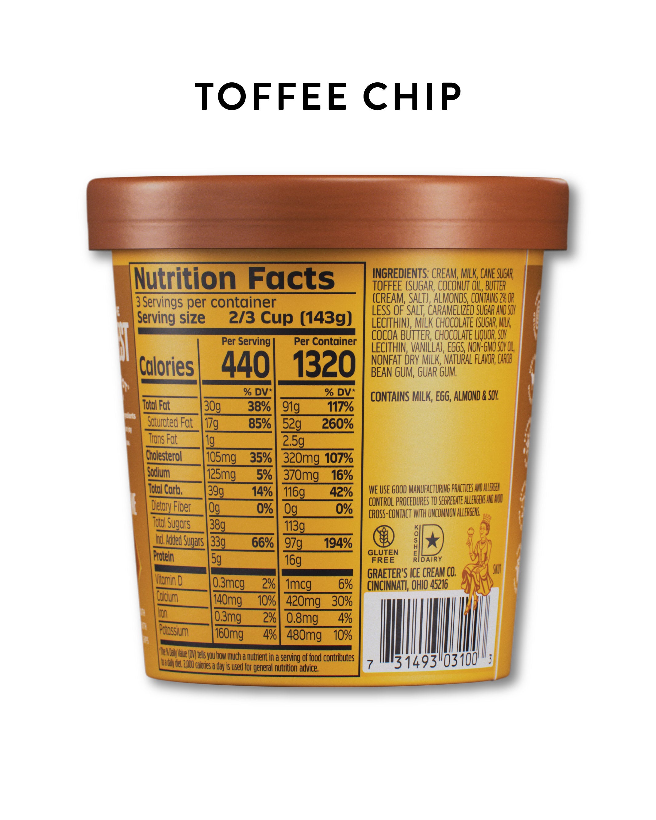 Back view of a Graeter's Toffee Chip ice cream tub showing the nutrition facts label, with the text 'TOFFEE CHIP' printed above on a white background.