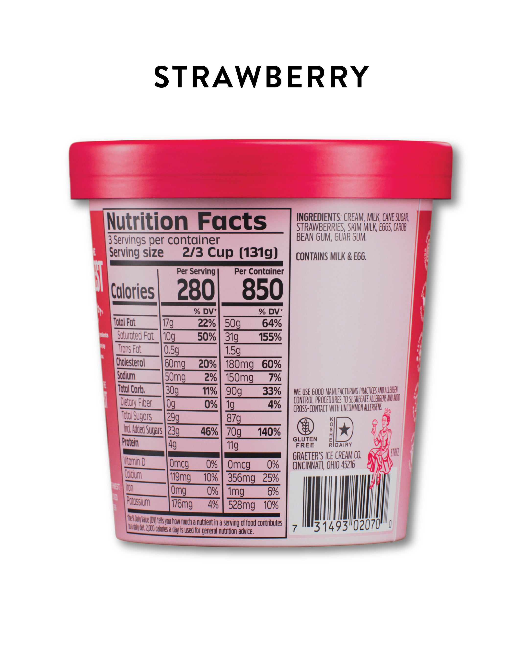 A tub of Graeter's strawberry ice cream shown from the back, featuring a bright pink lid and a white label with a prominent Nutrition Facts panel. The word 'STRAWBERRY' is printed above the tub.