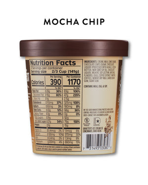 Back view of a Graeter's Ice Cream container with 'MOCHA CHIP' text above, showing the nutrition facts label, ingredients, and barcode on a white background.