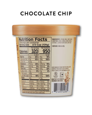 A pint of Graeter's chocolate chip ice cream shown from the back, with the words 'CHOCOLATE CHIP' printed above. The container has a light brown lid and a cream label with a visible nutrition facts panel, barcode, and small chocolate chip illustration.