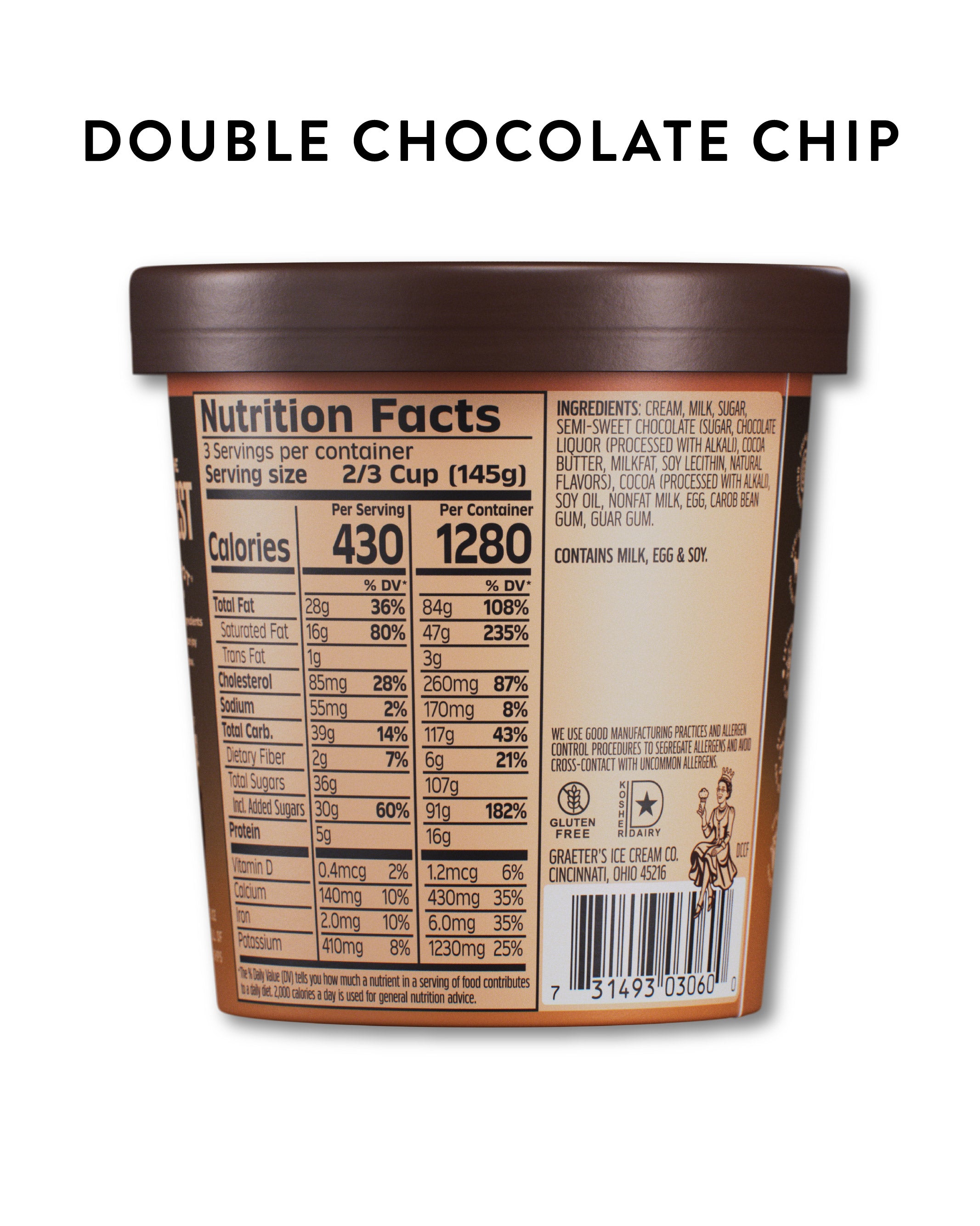 A single Graeter's chocolate chip ice cream pint shown from the back, with the lid in dark brown and the label displaying nutrition facts and ingredients. The text 'DOUBLE CHOCOLATE CHIP' appears above the container on a white background.