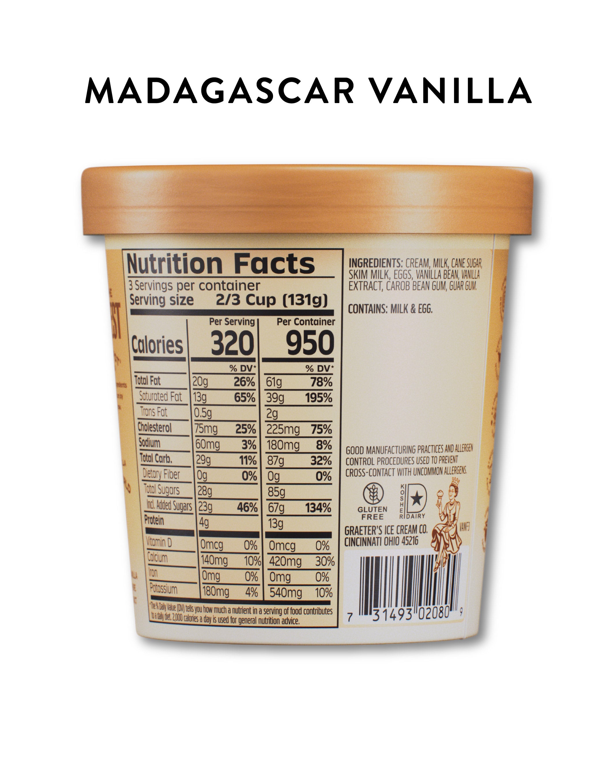 Back view of a Graeter's vanilla ice cream pint container with a light beige lid and a detailed nutrition facts label, under the text 'MADAGASCAR VANILLA'.
