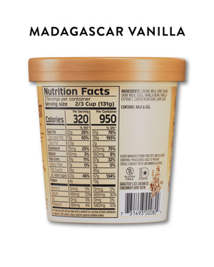 Back view of a Graeter's vanilla ice cream pint container with a light beige lid and a detailed nutrition facts label, under the text 'MADAGASCAR VANILLA'.