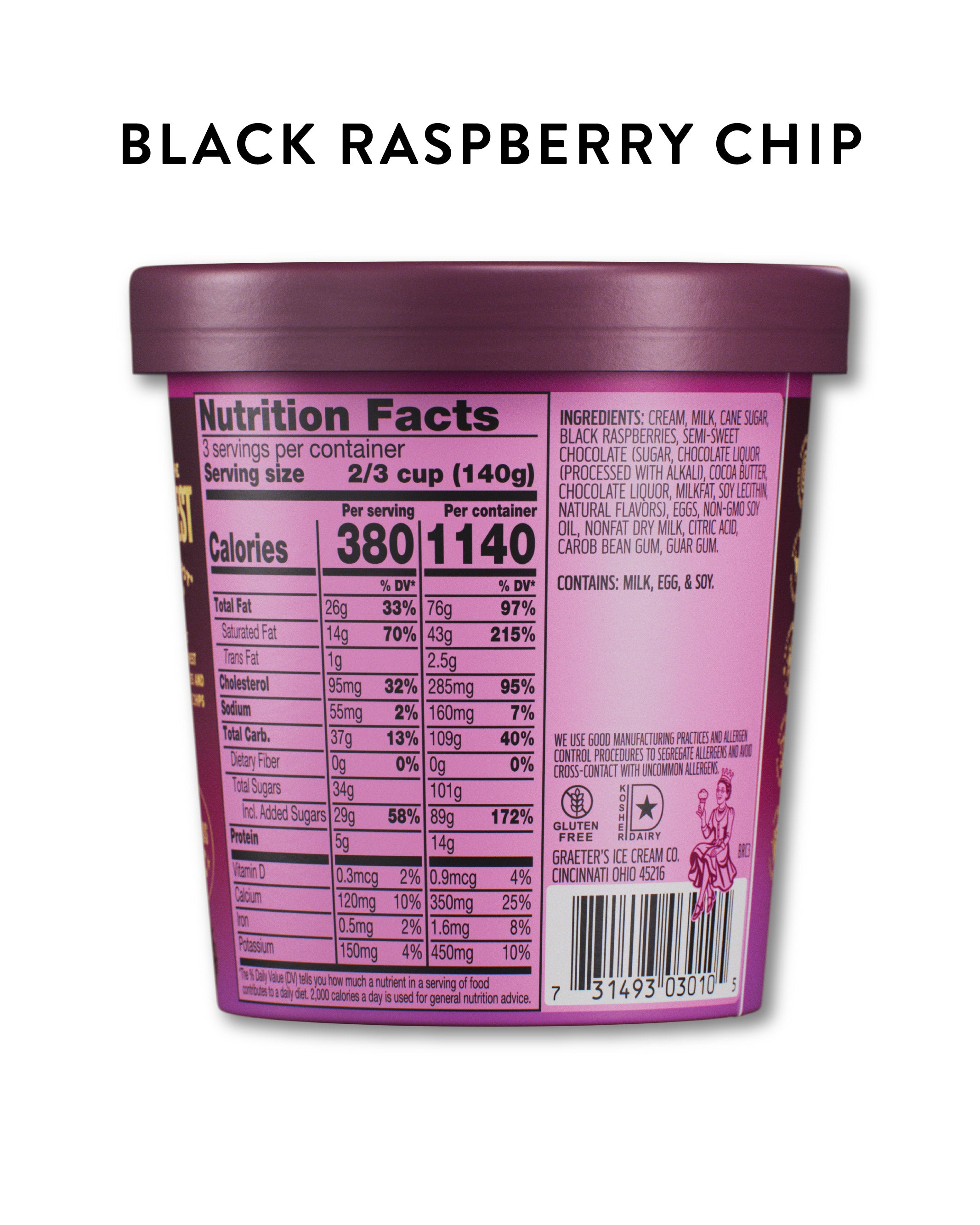 A pint of Graeter's Black Raspberry Chip ice cream shown from the back, displaying the nutrition facts label and barcode against a white background.